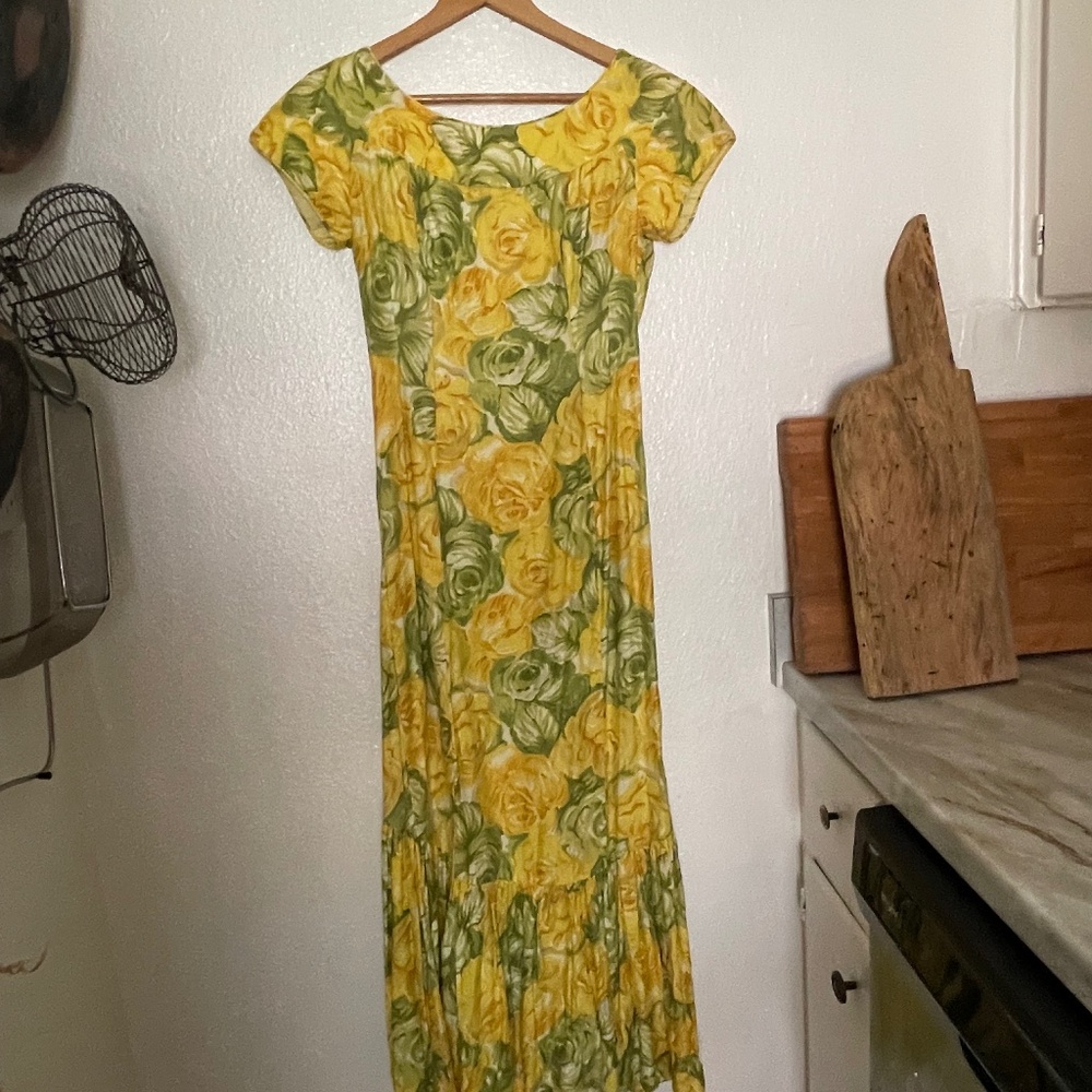 Handmade Vintage Hawaiian Yellow & Green Floral Maxi Dress